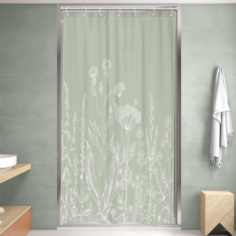Riyidecor Sage Green Floral Wildflower Shower Curtain for Bathroom Decor 36Wx72H Nature Wildflower Botanical Herbs Country Spring Leaf Art Printed Fabric Polyester Waterproof 7 Pack Plastic Hooks - Image 2