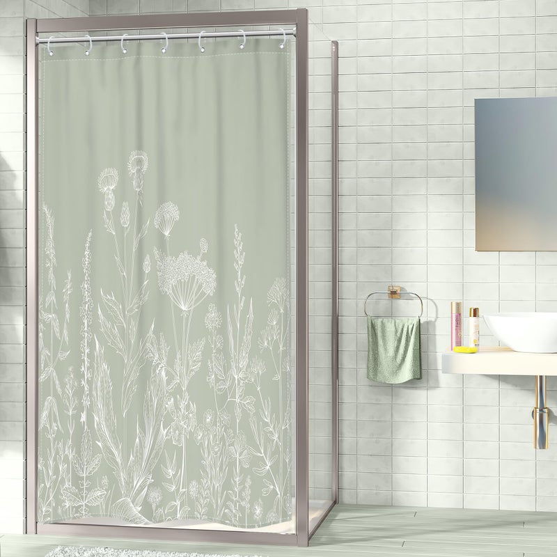 Riyidecor Sage Green Floral Wildflower Shower Curtain for Bathroom Decor 36Wx72H Nature Wildflower Botanical Herbs Country Spring Leaf Art Printed Fabric Polyester Waterproof 7 Pack Plastic Hooks - Image 3