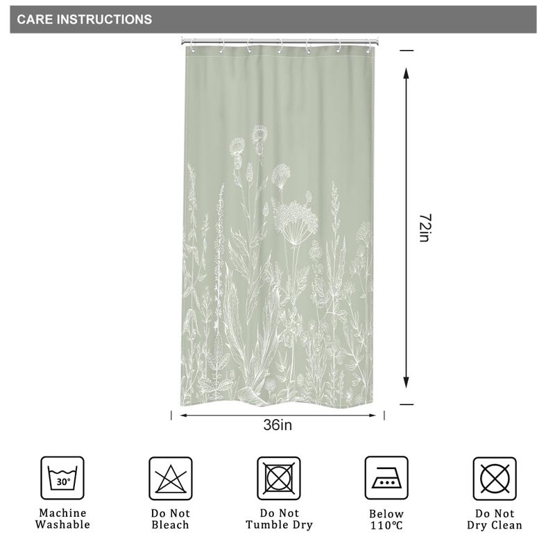 Riyidecor Sage Green Floral Wildflower Shower Curtain for Bathroom Decor 36Wx72H Nature Wildflower Botanical Herbs Country Spring Leaf Art Printed Fabric Polyester Waterproof 7 Pack Plastic Hooks - Image 4