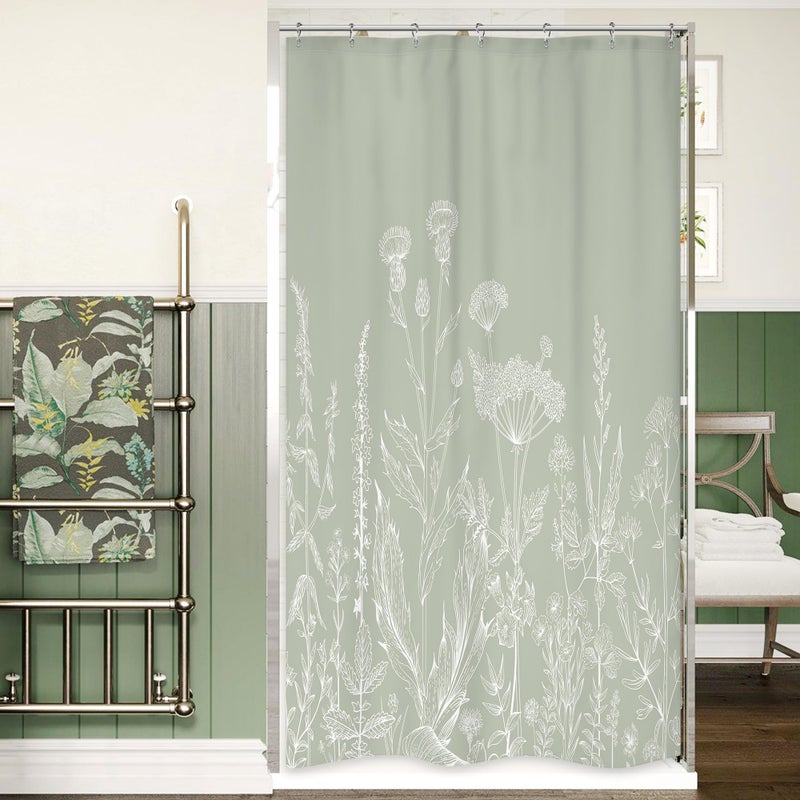 Riyidecor Sage Green Floral Wildflower Shower Curtain for Bathroom Decor 36Wx72H Nature Wildflower Botanical Herbs Country Spring Leaf Art Printed Fabric Polyester Waterproof 7 Pack Plastic Hooks - Image 1