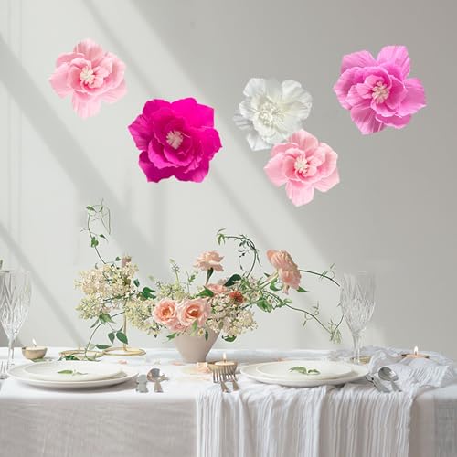 ANSOMO Pink Paper Flowers Artificial Crepe Tissue Hot Light Pink White Wall Décor Wedding Birthday Bridal Baby Shower Classroom Nursery Room Backdrop Centerpieces 5 Pcs Party Decorations Supplies - Image 5
