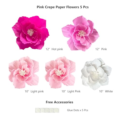 ANSOMO Pink Paper Flowers Artificial Crepe Tissue Hot Light Pink White Wall Décor Wedding Birthday Bridal Baby Shower Classroom Nursery Room Backdrop Centerpieces 5 Pcs Party Decorations Supplies - Image 2