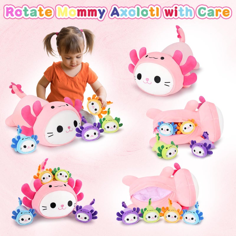 Auspicious beginning 5 PCS Axolotl Cat Plush Stuffed Animal Family-19" Soft Axolotl Cat Plush, Large Mommy Plushies with 4 Baby Kittens Plushies for Kids, Kawaii Plushie Toy Christmas Birthday Gifts for Kids Boys Girls - Image 3