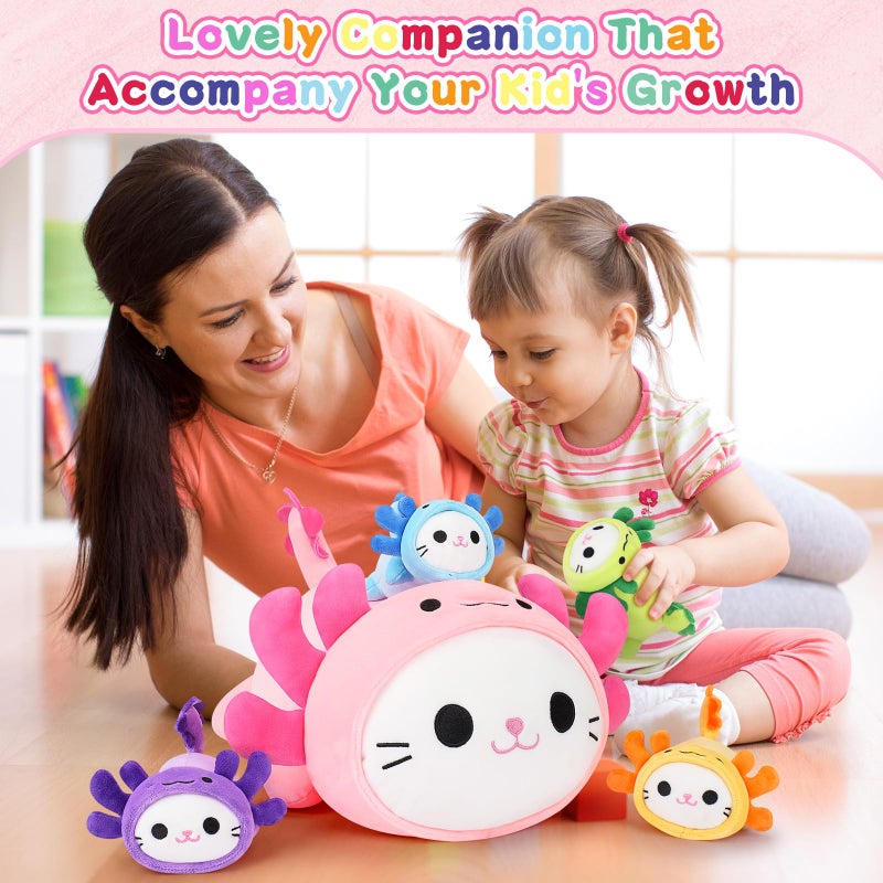 Auspicious beginning 5 PCS Axolotl Cat Plush Stuffed Animal Family-19" Soft Axolotl Cat Plush, Large Mommy Plushies with 4 Baby Kittens Plushies for Kids, Kawaii Plushie Toy Christmas Birthday Gifts for Kids Boys Girls - Image 5
