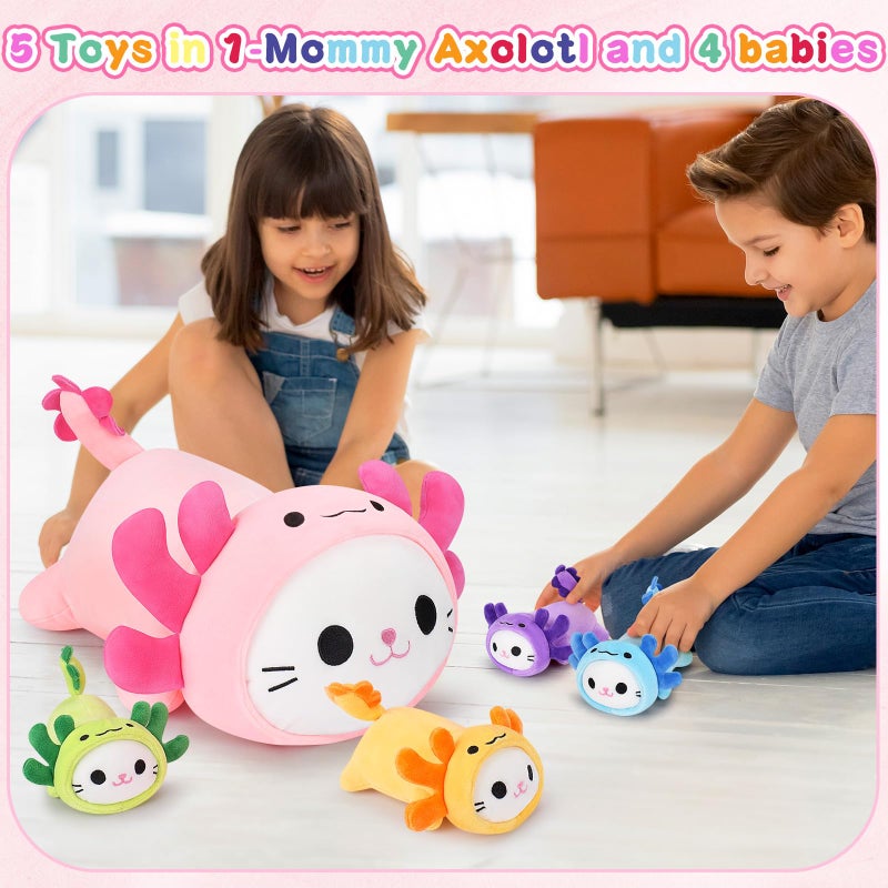 Auspicious beginning 5 PCS Axolotl Cat Plush Stuffed Animal Family-19" Soft Axolotl Cat Plush, Large Mommy Plushies with 4 Baby Kittens Plushies for Kids, Kawaii Plushie Toy Christmas Birthday Gifts for Kids Boys Girls - Image 4