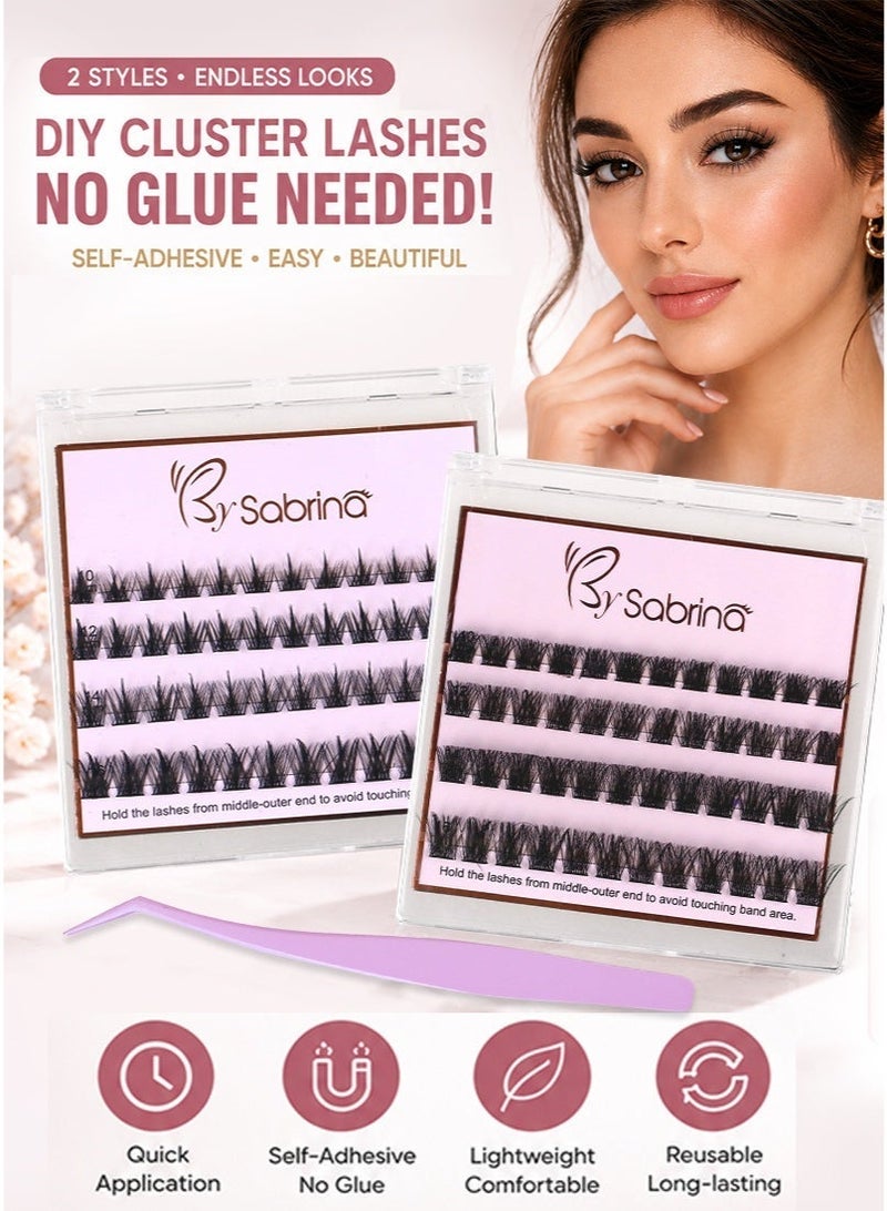 BY SABRINA 98 PCS Self Adhesive Eyelashes Clusters Kit Lash Clusters DIY False Eyelashes D Curl Pre Glued with Tweezers for Beginners, Press On Glueless Lash Extension Kit 10 to 16mm, No Glue Needed No Remover No Residue，Reusable Beginner Friendly Natural Look Wispy 3 Seconds - Image 1