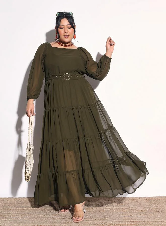 SASSAFRAS Plus Size Olive Georgette Tiered Maxi Dress