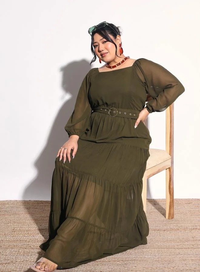 SASSAFRAS Plus Size Olive Georgette Tiered Maxi Dress
