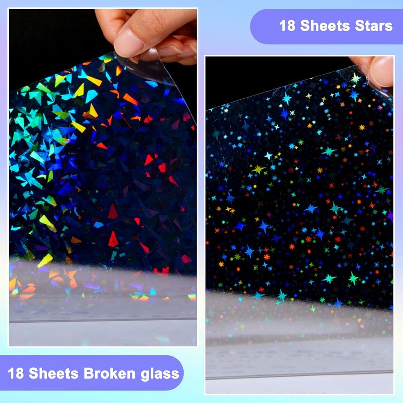 Clabby 36 Sheets Holographic Sticker Paper A4 Vinyl Holographic Laminate Sheets Self Adhesive Waterproof Transparent Film, 11.7 x 8.3 inches(Gem, Star) - Image 3
