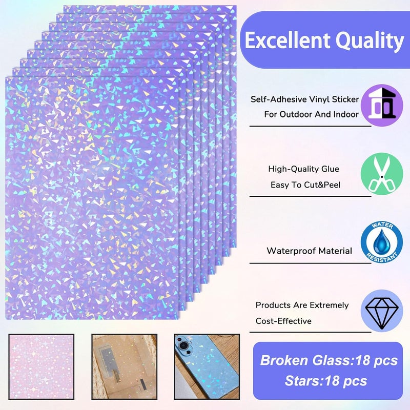Clabby 36 Sheets Holographic Sticker Paper A4 Vinyl Holographic Laminate Sheets Self Adhesive Waterproof Transparent Film, 11.7 x 8.3 inches(Gem, Star) - Image 4