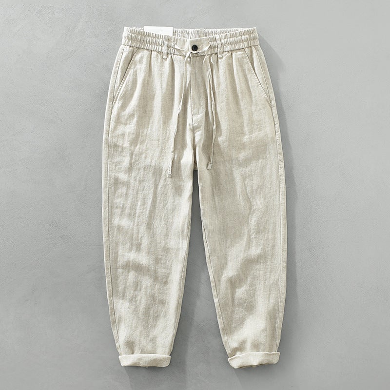 3583 new pure linen mens casual pants Japanese retro straight Joker literary casual pants fashion a generation of hair hemp natural color - Image 1