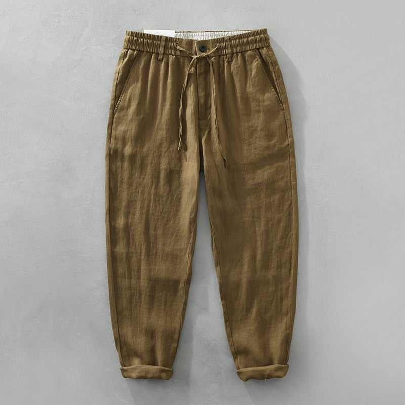 3583 new pure linen mens casual pants Japanese retro straight Joker literary casual pants fashion a generation of hair hemp natural color - Image 2
