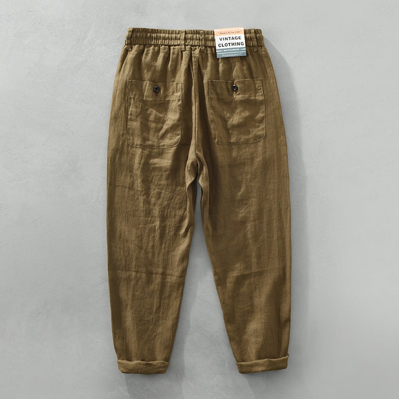 3583 new pure linen mens casual pants Japanese retro straight Joker literary casual pants fashion a generation of hair hemp natural color - Image 4