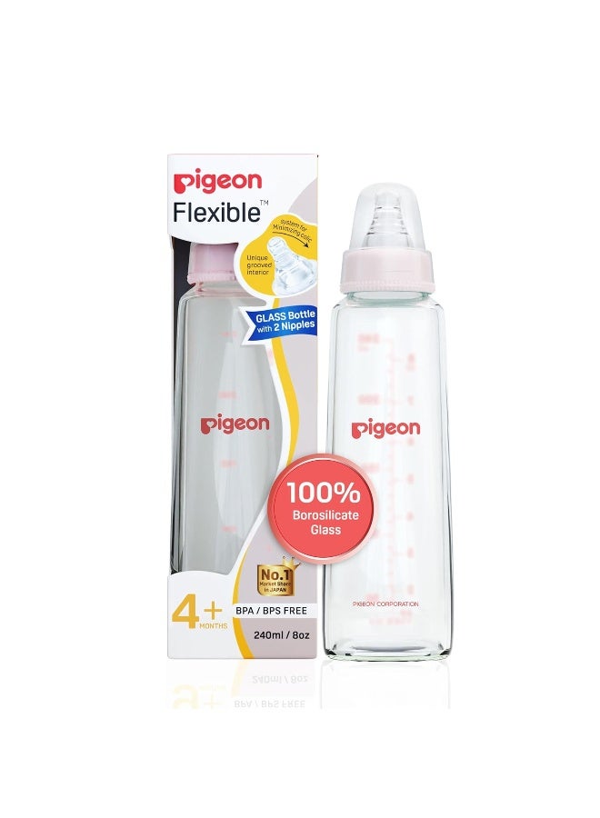 pigeon Flexible Glass Nursing/Feeding Bottle with Added Nipple M, for 4+ Month Babies, Borosilicate Nursing/Feeding Bottle for Babies, BPA Free, BPS Free, Pink, 240 ml - Image 1