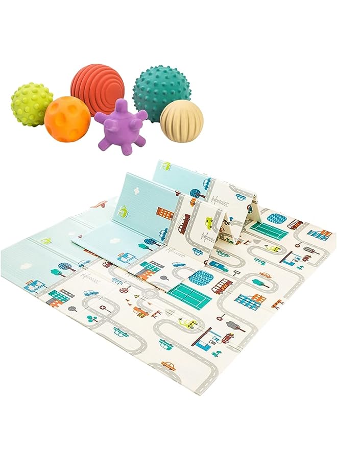 vesus Mat, Quality Reversible Foam Floor Mat, Perfect for Babies, Toddlers, Newborns, Waterproof, Wipeable, Easy Clean, Foldable, (Blue Mat with Sensory Balls)