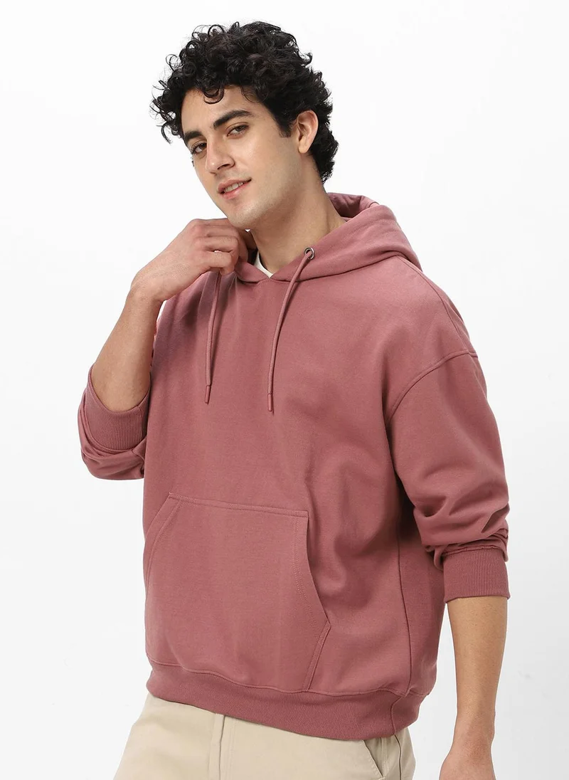 Urbano Fashion Men's Old Rose Cotton Solid Oversized Hooded Neck Sweatshirt