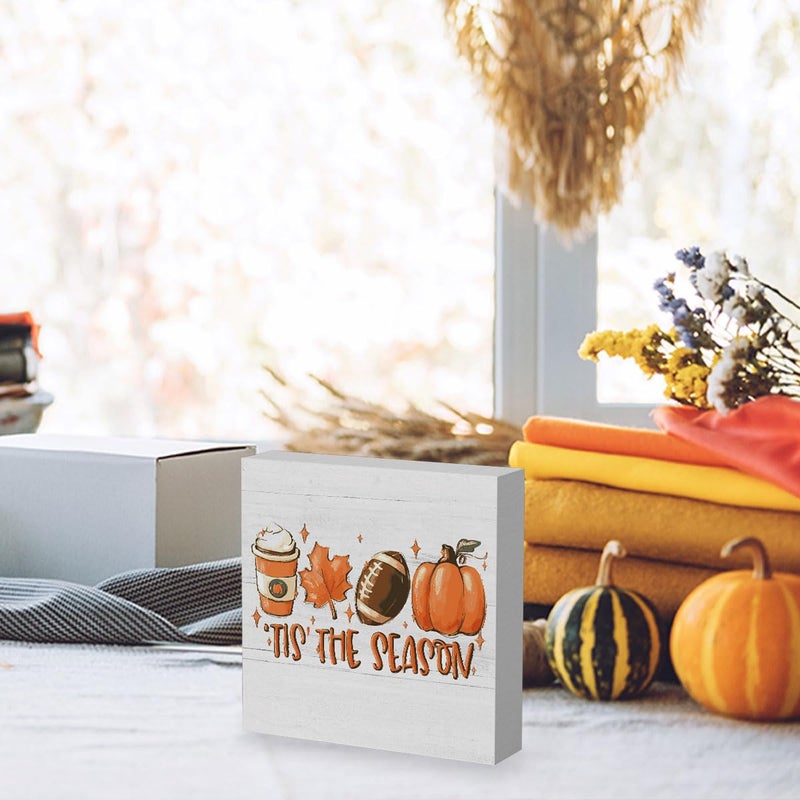 WRSUNT Rustic Tis' the Season Pumpkin Wood Box Sign  Farmhouse Retro Fall Artwork Decor  Autumn Harvest Thanksgiving Wooden Square Sign Desk Block Signs Home Shelf Office Decoration 5 x 5 Inches - Image 3