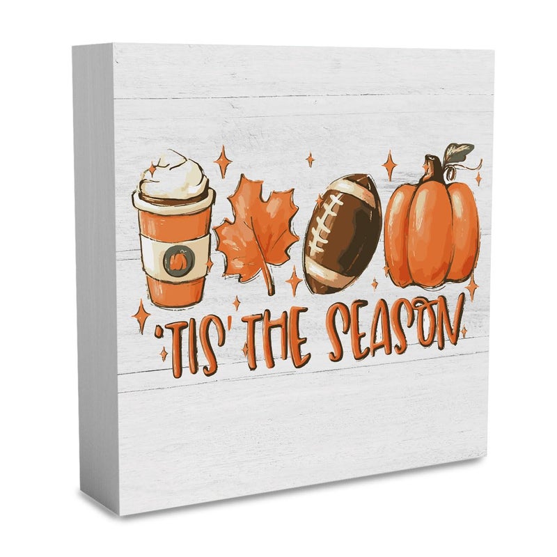WRSUNT Rustic Tis' the Season Pumpkin Wood Box Sign  Farmhouse Retro Fall Artwork Decor  Autumn Harvest Thanksgiving Wooden Square Sign Desk Block Signs Home Shelf Office Decoration 5 x 5 Inches - Image 1
