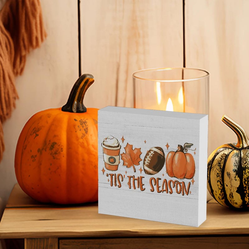 WRSUNT Rustic Tis' the Season Pumpkin Wood Box Sign  Farmhouse Retro Fall Artwork Decor  Autumn Harvest Thanksgiving Wooden Square Sign Desk Block Signs Home Shelf Office Decoration 5 x 5 Inches - Image 5