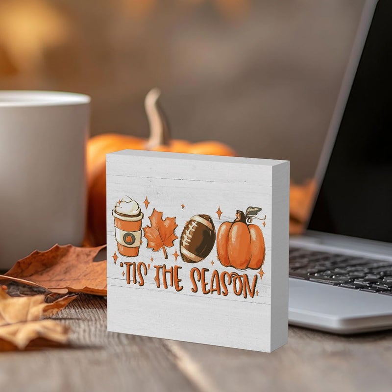 WRSUNT Rustic Tis' the Season Pumpkin Wood Box Sign  Farmhouse Retro Fall Artwork Decor  Autumn Harvest Thanksgiving Wooden Square Sign Desk Block Signs Home Shelf Office Decoration 5 x 5 Inches - Image 4