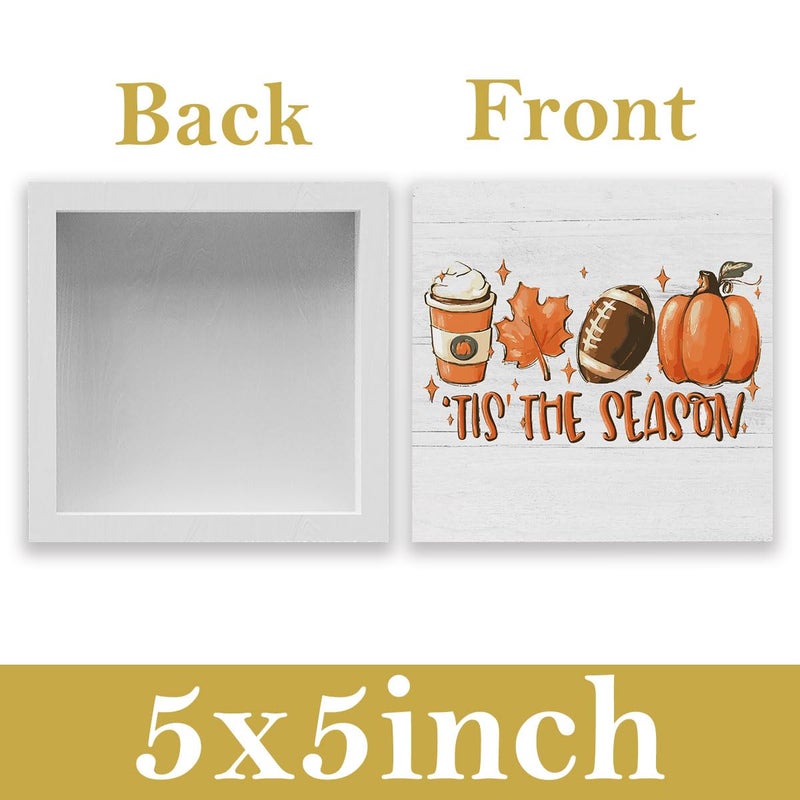WRSUNT Rustic Tis' the Season Pumpkin Wood Box Sign  Farmhouse Retro Fall Artwork Decor  Autumn Harvest Thanksgiving Wooden Square Sign Desk Block Signs Home Shelf Office Decoration 5 x 5 Inches - Image 2