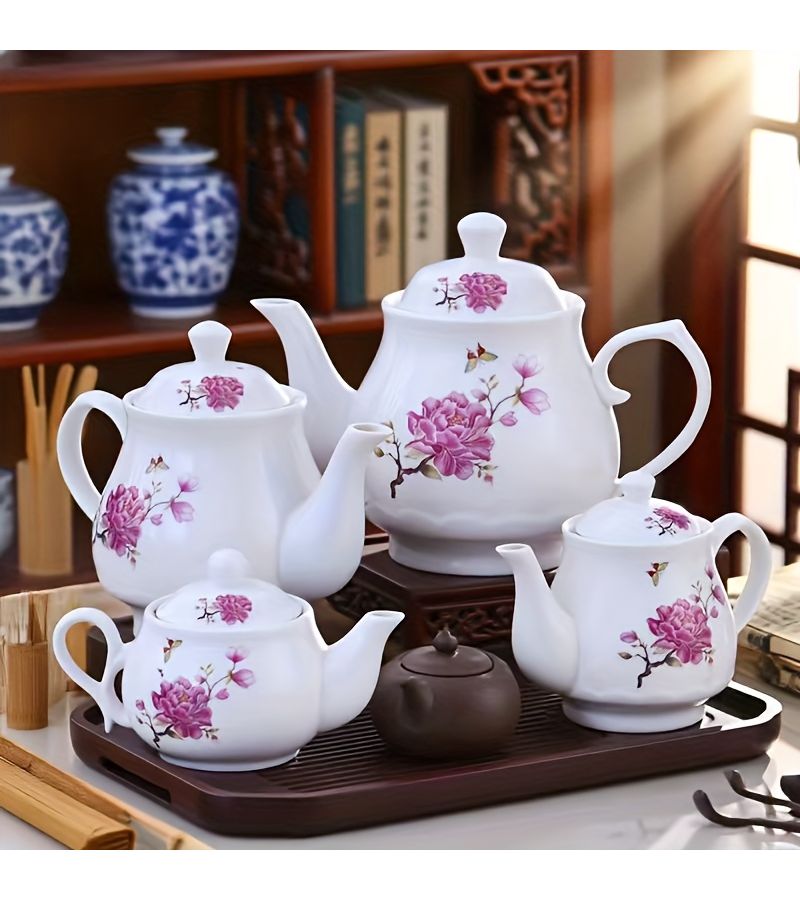 1pc Distinctive Printed Ceramic Teapot Adorned With Pink Floral Butterfly Patterns Peony 400ml Showcasing Chinese Elegant Aesthetics Suitable For Tea Brewing And Decorating Chinese Tea Space - Image 1