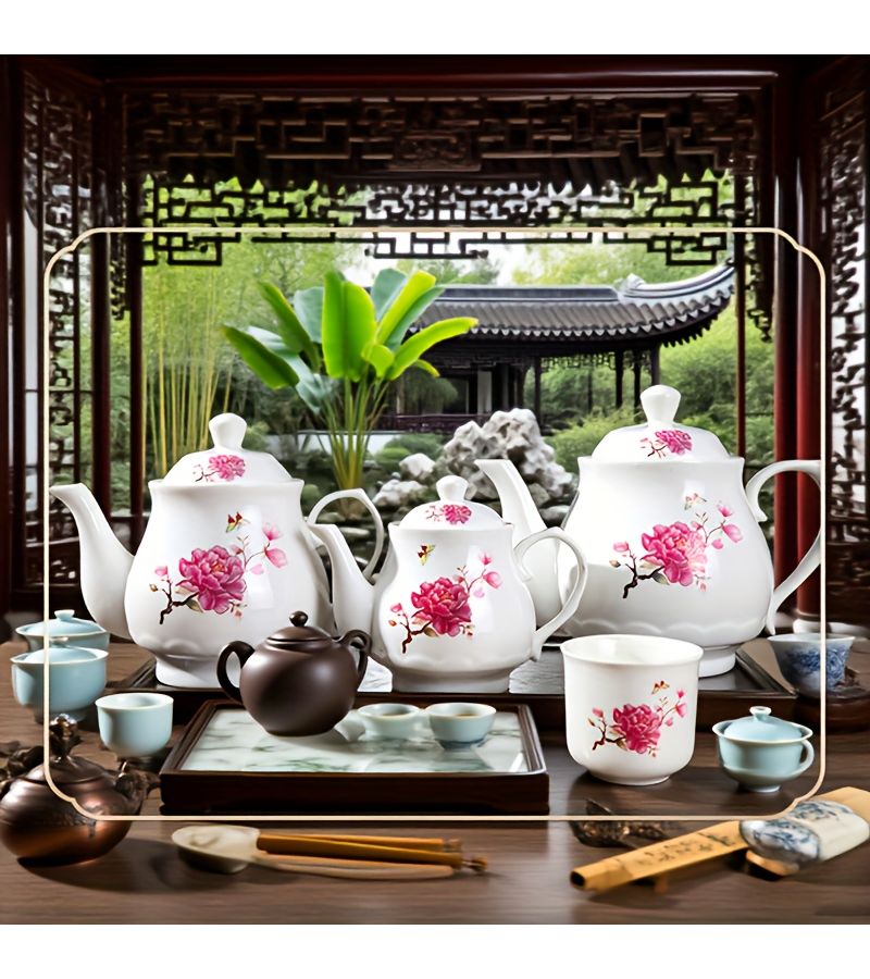 1pc Distinctive Printed Ceramic Teapot Adorned With Pink Floral Butterfly Patterns Peony 400ml Showcasing Chinese Elegant Aesthetics Suitable For Tea Brewing And Decorating Chinese Tea Space - Image 5