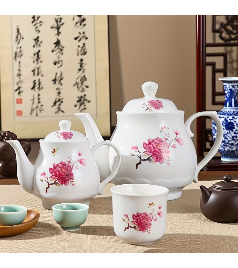 1pc Distinctive Printed Ceramic Teapot Adorned With Pink Floral Butterfly Patterns Peony 400ml Showcasing Chinese Elegant Aesthetics Suitable For Tea Brewing And Decorating Chinese Tea Space - Image 2