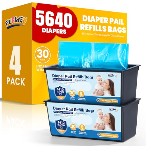 FURWEY Diaper Pail Refill Bags 30 Bags Per RefillCompatible with Genie Easy Roll Signature Diaper Pails Holds Up to 5640 Newborn Diapers Talc Powder Scent 7 Layer Odor BarrierScented4PACK 120 Bags - Image 1