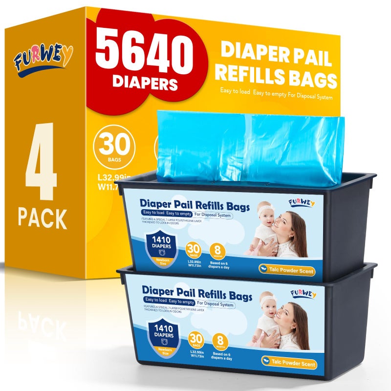 FURWEY Diaper Pail Refill Bags 30 Bags Per RefillCompatible with Genie Easy Roll Signature Diaper Pails Holds Up to 5640 Newborn Diapers Talc Powder Scent 7 Layer Odor BarrierScented4PACK 120 Bags - Image 2