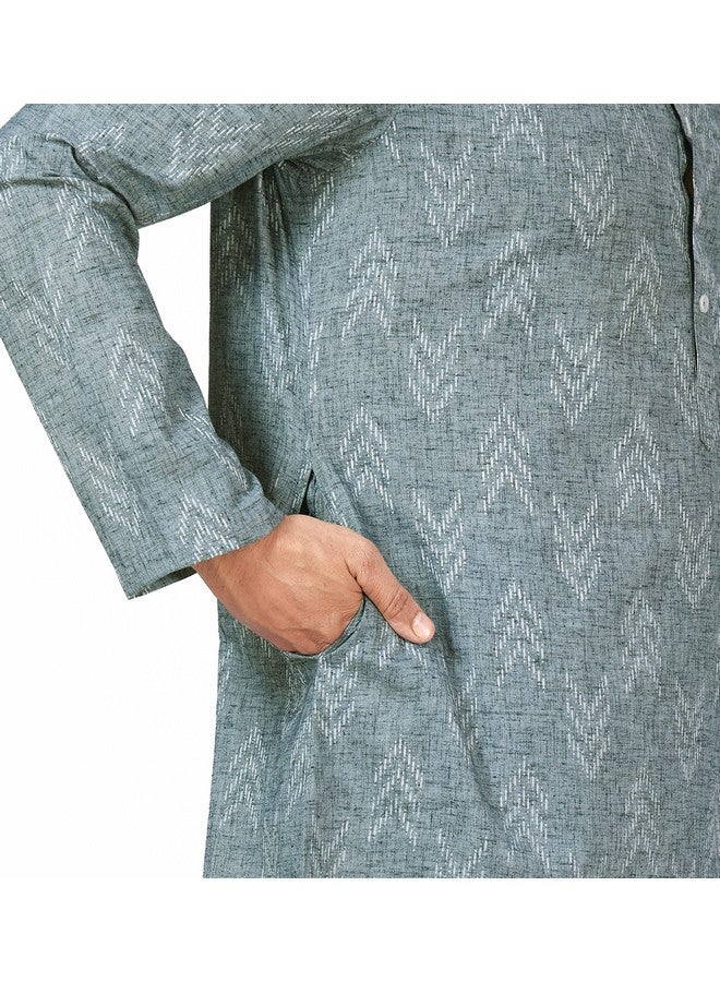 Studio Shringaar Men's Cotton Blend Relaxed Fit Ikat Printed Knee Length Kurta(M119, Grey_XL) - Image 4
