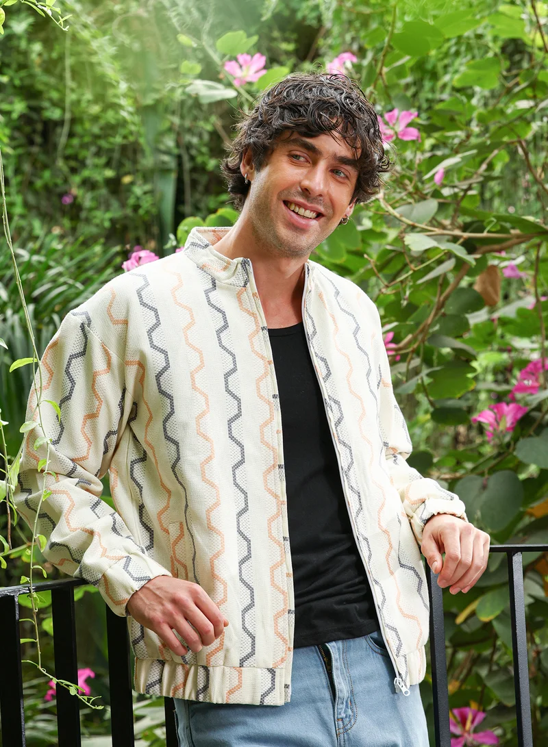 Men Zigzag-Jacquard Bomber Jacket | Band Collar, Long Stretch-Cuff Sleeves | Zipper , Stretch-Straight Hem | Striped Jacquard | Woven Fabric For Casual & Daily Wear | Off-White