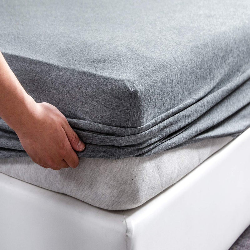 PURE ERA PURE ERA Jersey Knit Cotton Fitted Bottom Sheet ONLY (No Flat Sheet or Pillow Cases) Extra Deep Pocket Up to 15"" to 20"" Ultra Soft Comfy Breathable Blueish Grey Queen 