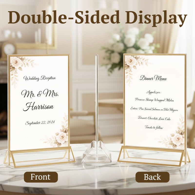 EHWINE 12 Pack Acrylic Sign Holder 4 x 6, Double Sided Gold Picture Frame Stand up Table Top Sign Holders, Clear Display Stand Menu Flyer Holder for Wedding Party - Image 2