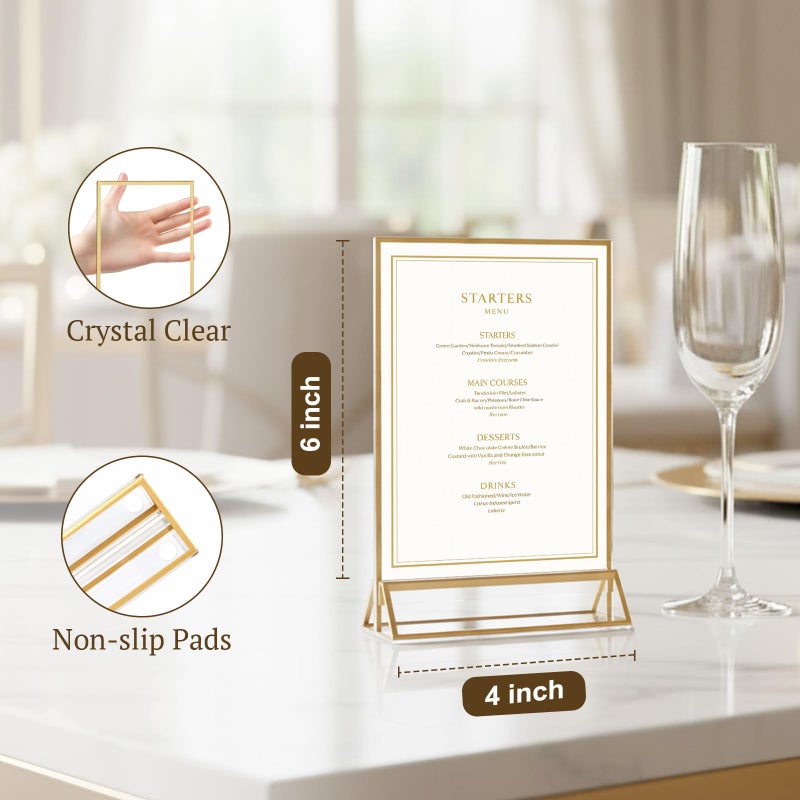 EHWINE 12 Pack Acrylic Sign Holder 4 x 6, Double Sided Gold Picture Frame Stand up Table Top Sign Holders, Clear Display Stand Menu Flyer Holder for Wedding Party - Image 4