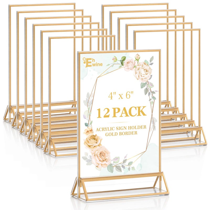 EHWINE 12 Pack Acrylic Sign Holder 4 x 6, Double Sided Gold Picture Frame Stand up Table Top Sign Holders, Clear Display Stand Menu Flyer Holder for Wedding Party - Image 1