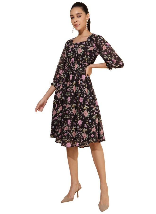 Janasya - Janasya Women's Black Georgette Floral Printed Flared Dress(JNE4346-DR-M) - Image 1