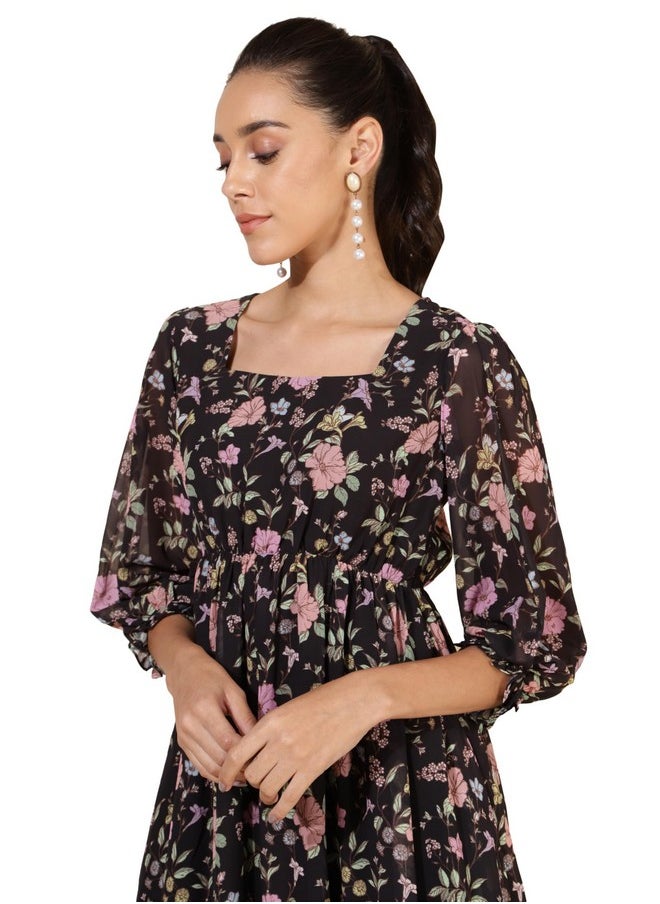 Janasya - Janasya Women's Black Georgette Floral Printed Flared Dress(JNE4346-DR-M) - Image 1