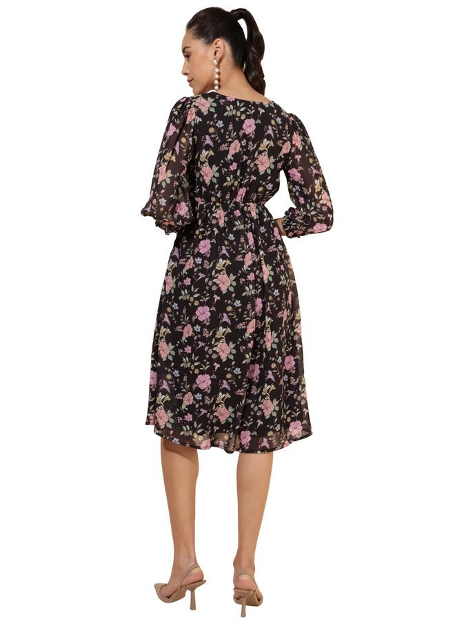 Janasya - Janasya Women's Black Georgette Floral Printed Flared Dress(JNE4346-DR-M) - Image 1