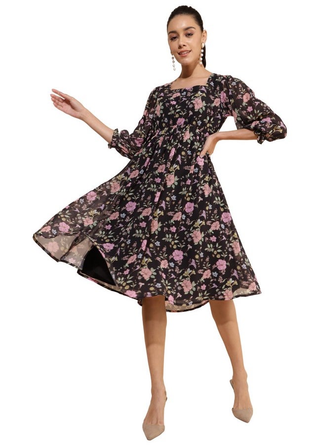 Janasya - Janasya Women's Black Georgette Floral Printed Flared Dress(JNE4346-DR-M) - Image 1