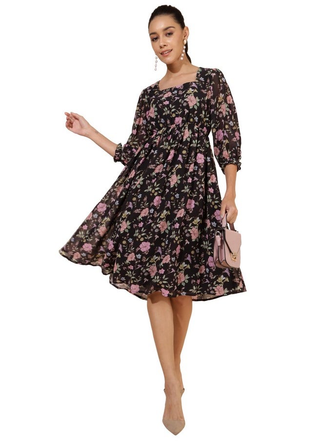 Janasya - Janasya Women's Black Georgette Floral Printed Flared Dress(JNE4346-DR-M) - Image 1