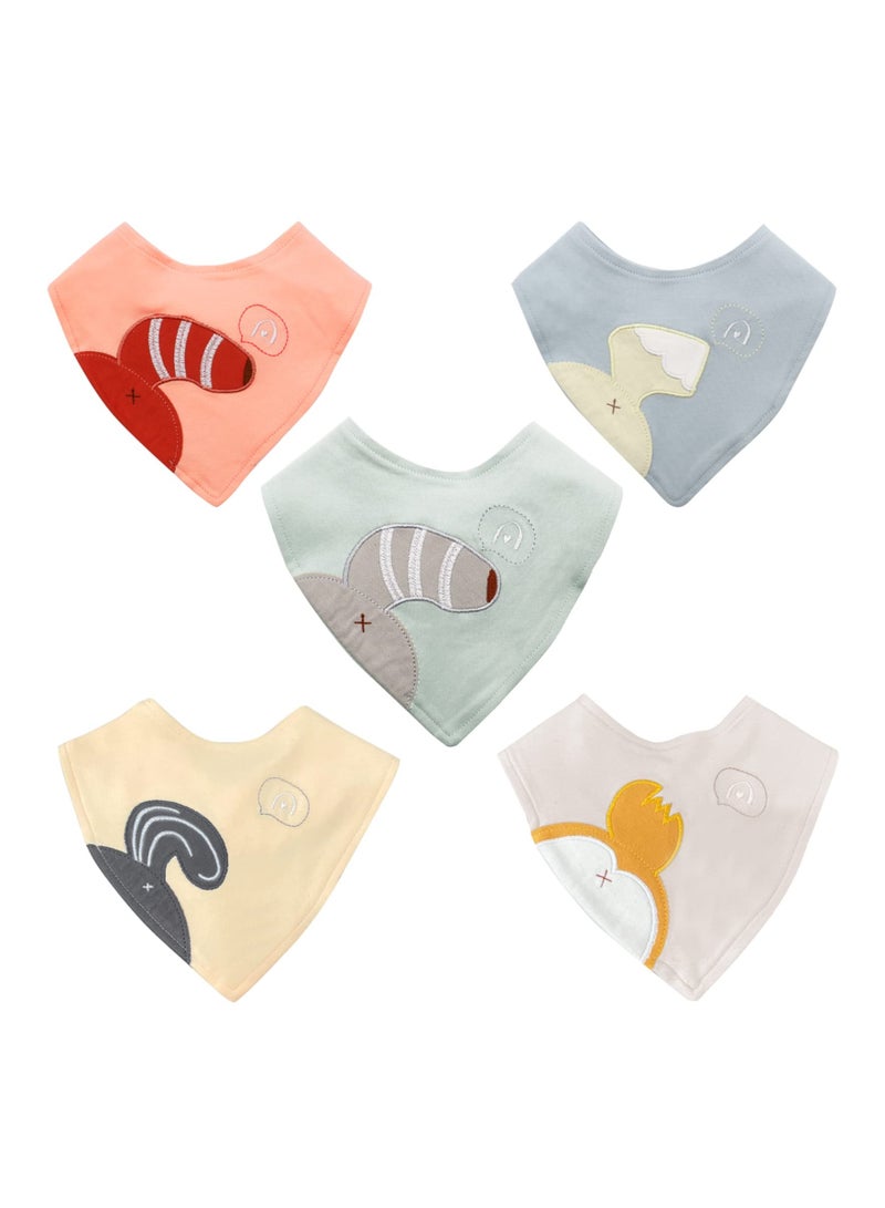Zikra 5 Pack Baby Bandana Bibs Embroidery Animal Tails Cotton Drool Bibs for Baby Boys Girls Bandana Scarf Bib with Snaps - Image 1