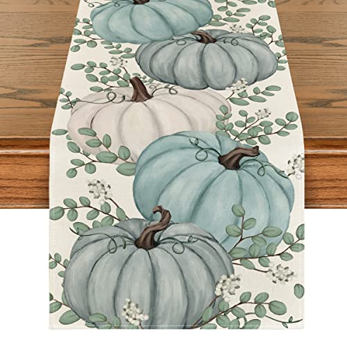 Artoid Mode Pumpkins Eucalyptus Leaves Fall Table Runner, Autumn Thanksgiving Kitchen Dining Table Decoration for Home Party Decor 13x72 Inch - Image 1