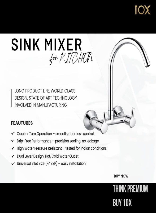 10X Brass Kitchen Sink Mixer Tap 2 in 1 BK-7405 Tap with 360° Swivel Spout | Hot & Cold Water Control | Chrome Plated | Heavy Brass Cartridge | Dual Lever Design - Image 2
