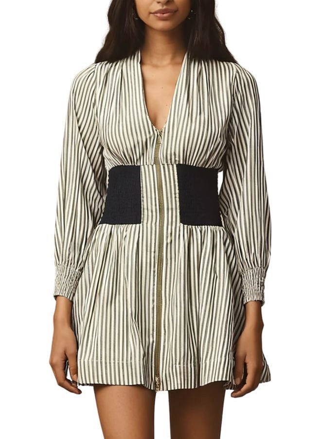 Meyhad Womens Long Sleeve Mini Dress V Neck Smocked Zipper Dress Casual A Line Short Dress with Pockets, Striped White, M - Image 1