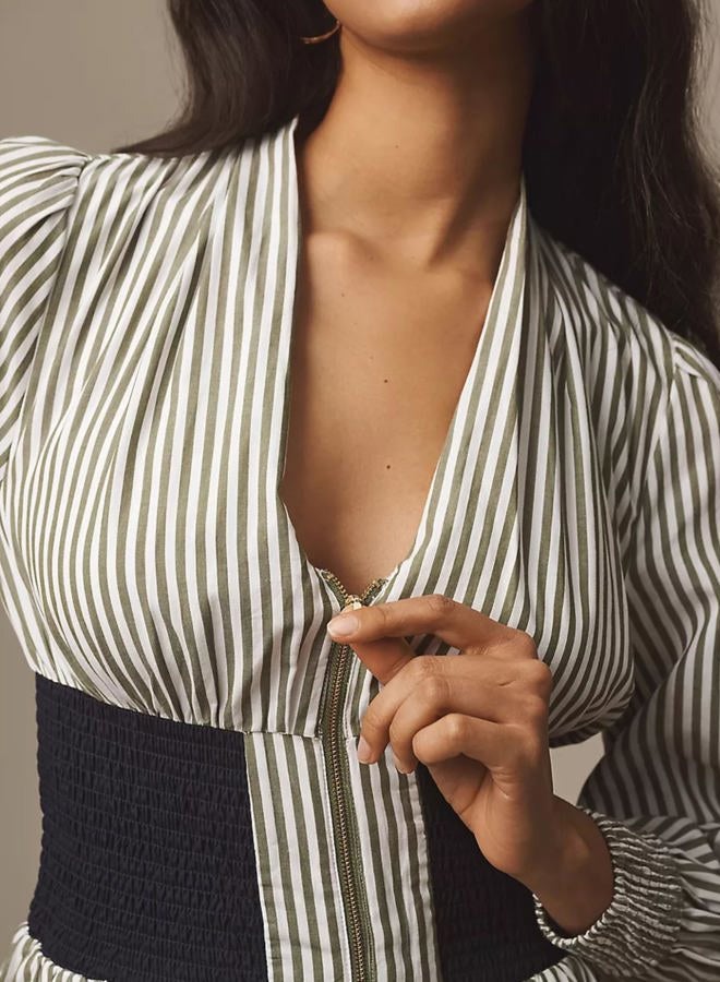 Meyhad Womens Long Sleeve Mini Dress V Neck Smocked Zipper Dress Casual A Line Short Dress with Pockets, Striped White, M - Image 5