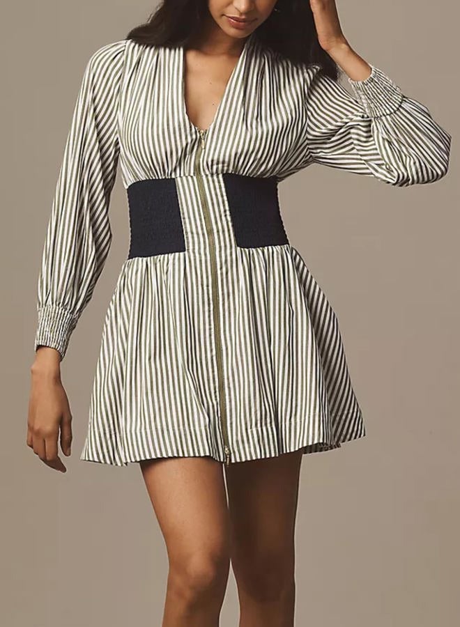 Meyhad Womens Long Sleeve Mini Dress V Neck Smocked Zipper Dress Casual A Line Short Dress with Pockets, Striped White, M - Image 2