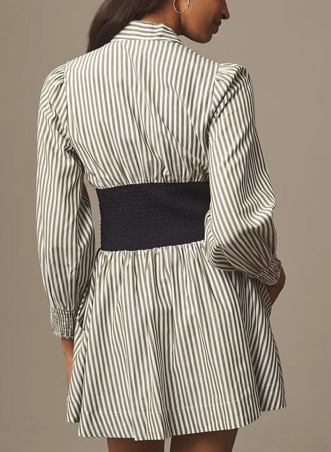 Meyhad Womens Long Sleeve Mini Dress V Neck Smocked Zipper Dress Casual A Line Short Dress with Pockets, Striped White, M - Image 4