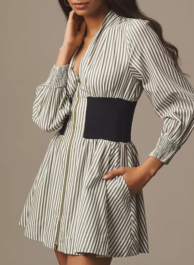 Meyhad Womens Long Sleeve Mini Dress V Neck Smocked Zipper Dress Casual A Line Short Dress with Pockets, Striped White, M - Image 3