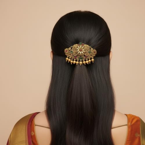 JWELLA Gold-Plated Antique Hair Clip with Pink & Green Stones & Drops Bridal & Festive Accessory (Design 1) - Image 4